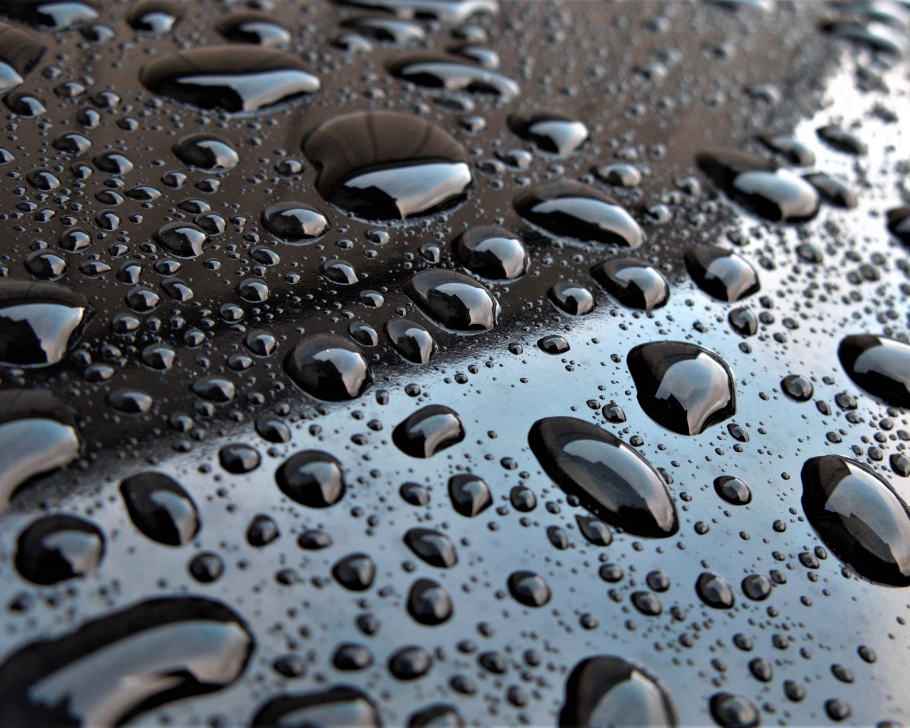 Капли воды на черной глянцевой поверхности 