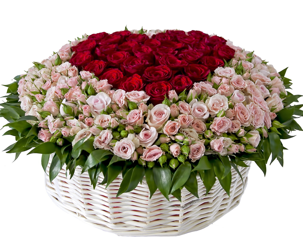 Огромный букет с розовыми и красными розами в корзине на белом фоне
