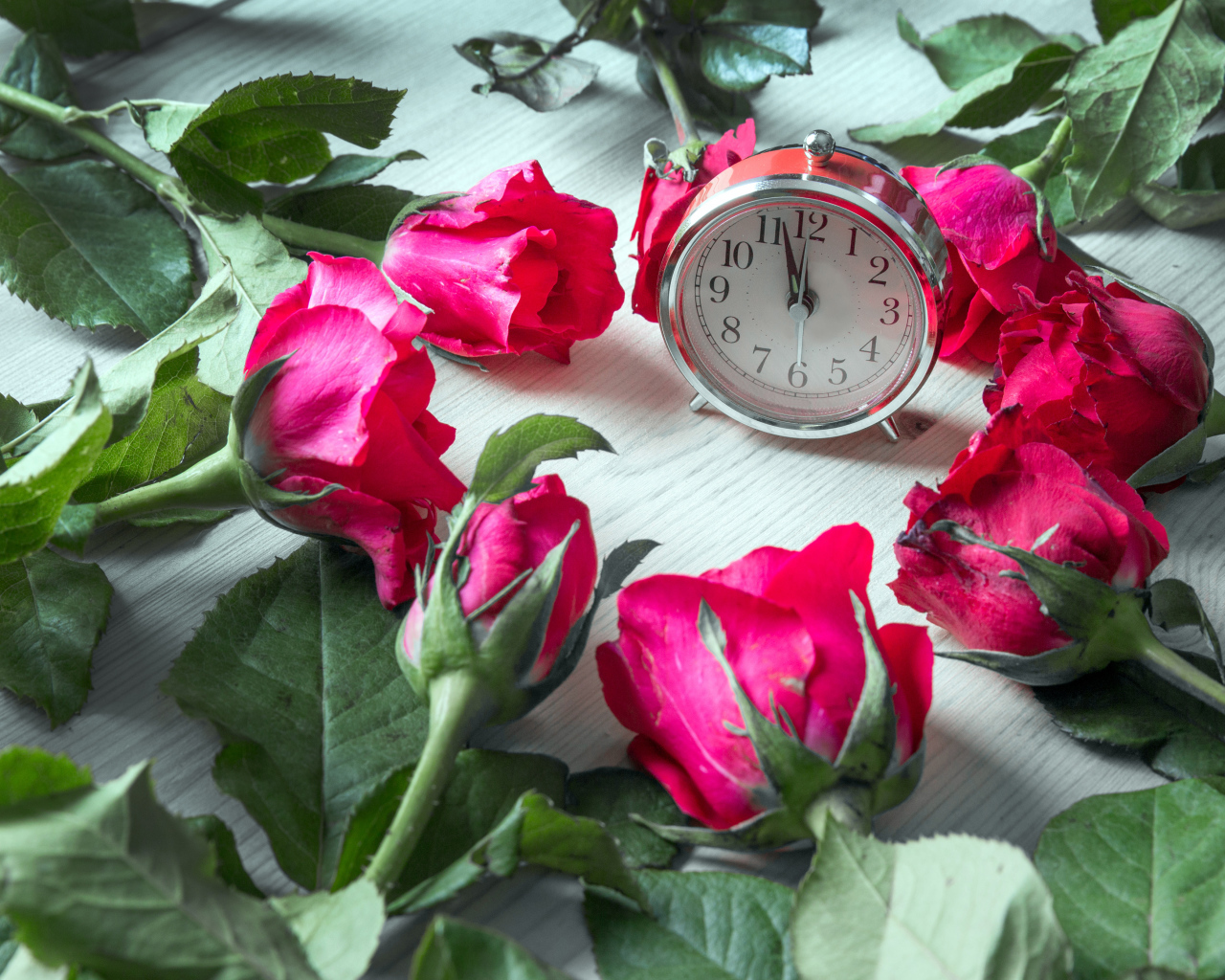 Будильник и красные розы на столе 