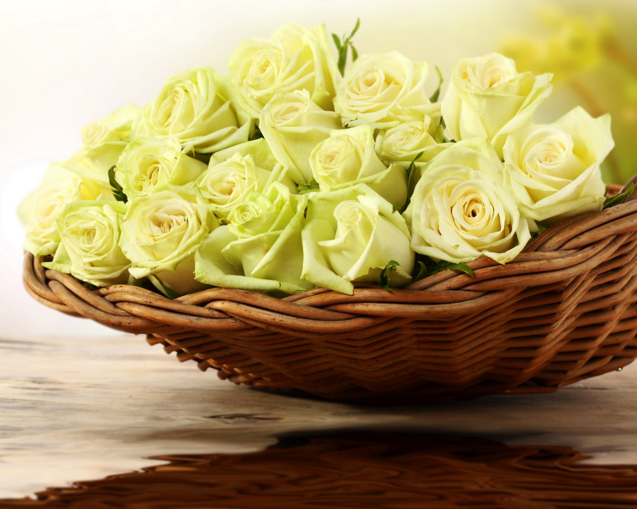 Bouquet of white roses in a wicker basket