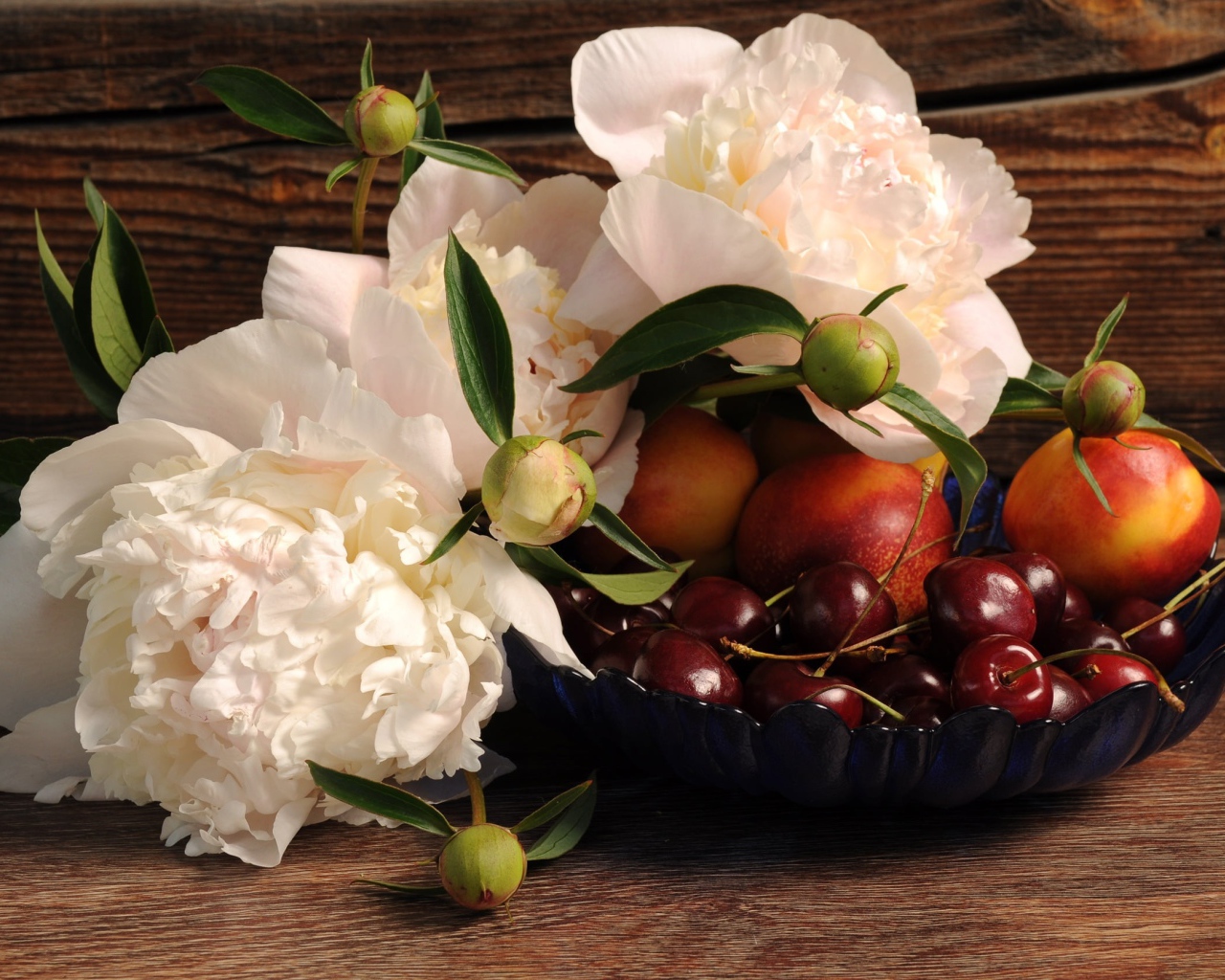 Три красивых белых пиона на столе с вазой с черешней и нектарином