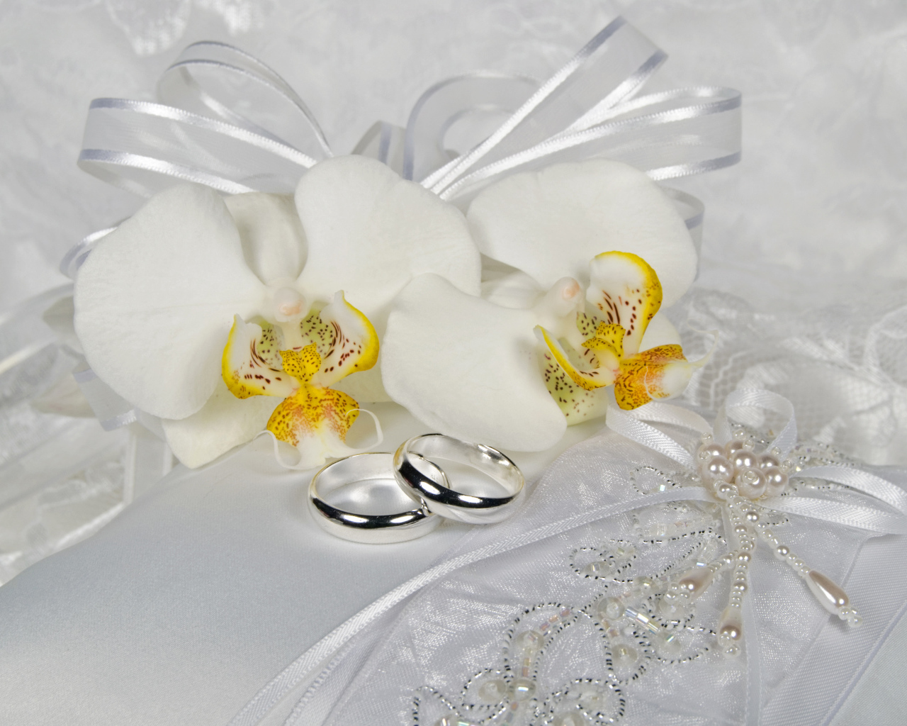 Два серебряных обручальных кольца с белыми цветами орхидеи