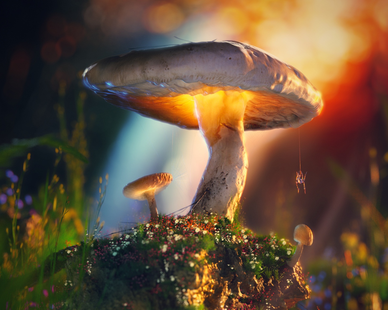 Паук висит на паутине на грибе