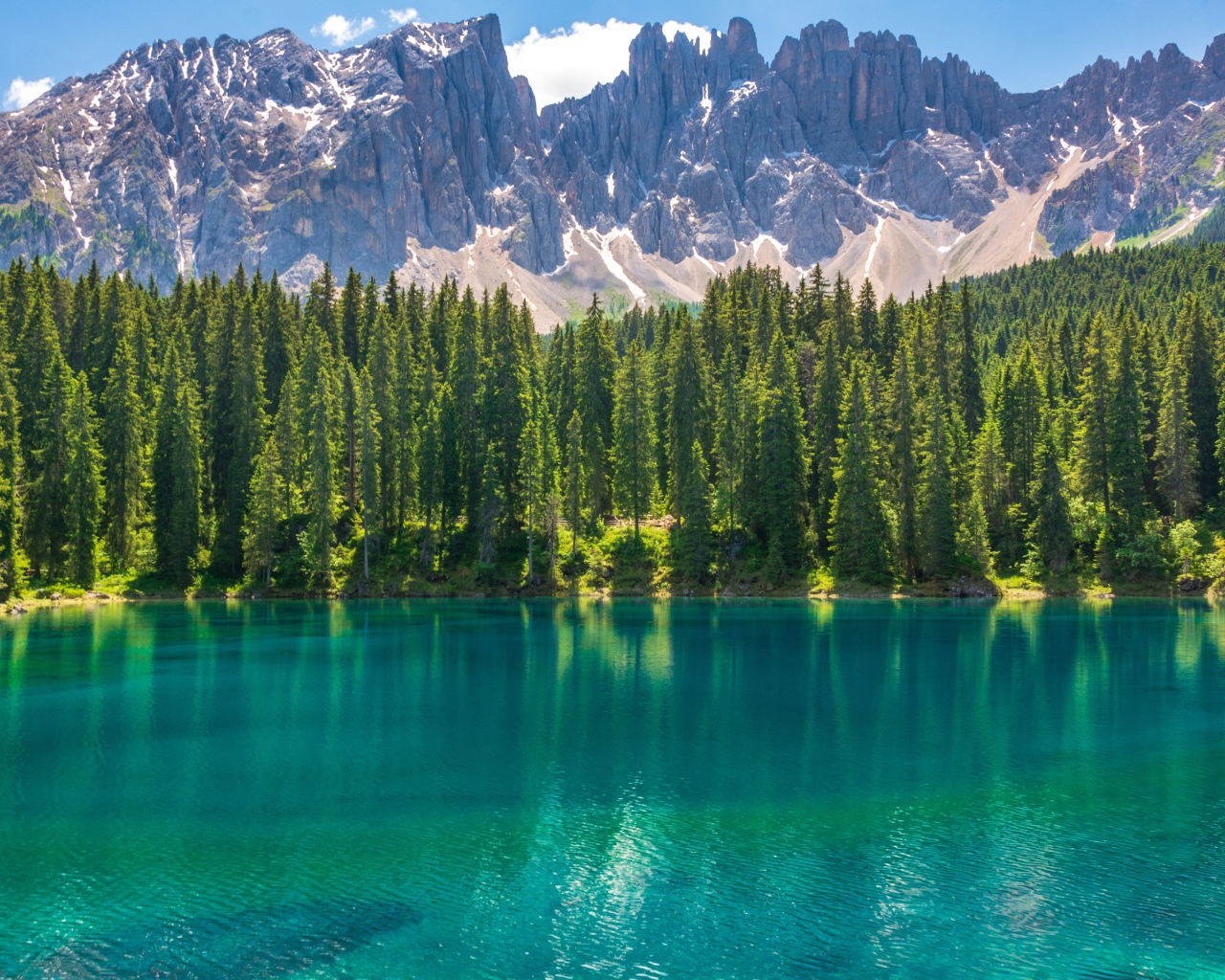 Красивое озеро с голубой водой у хвойного леса на фоне гор