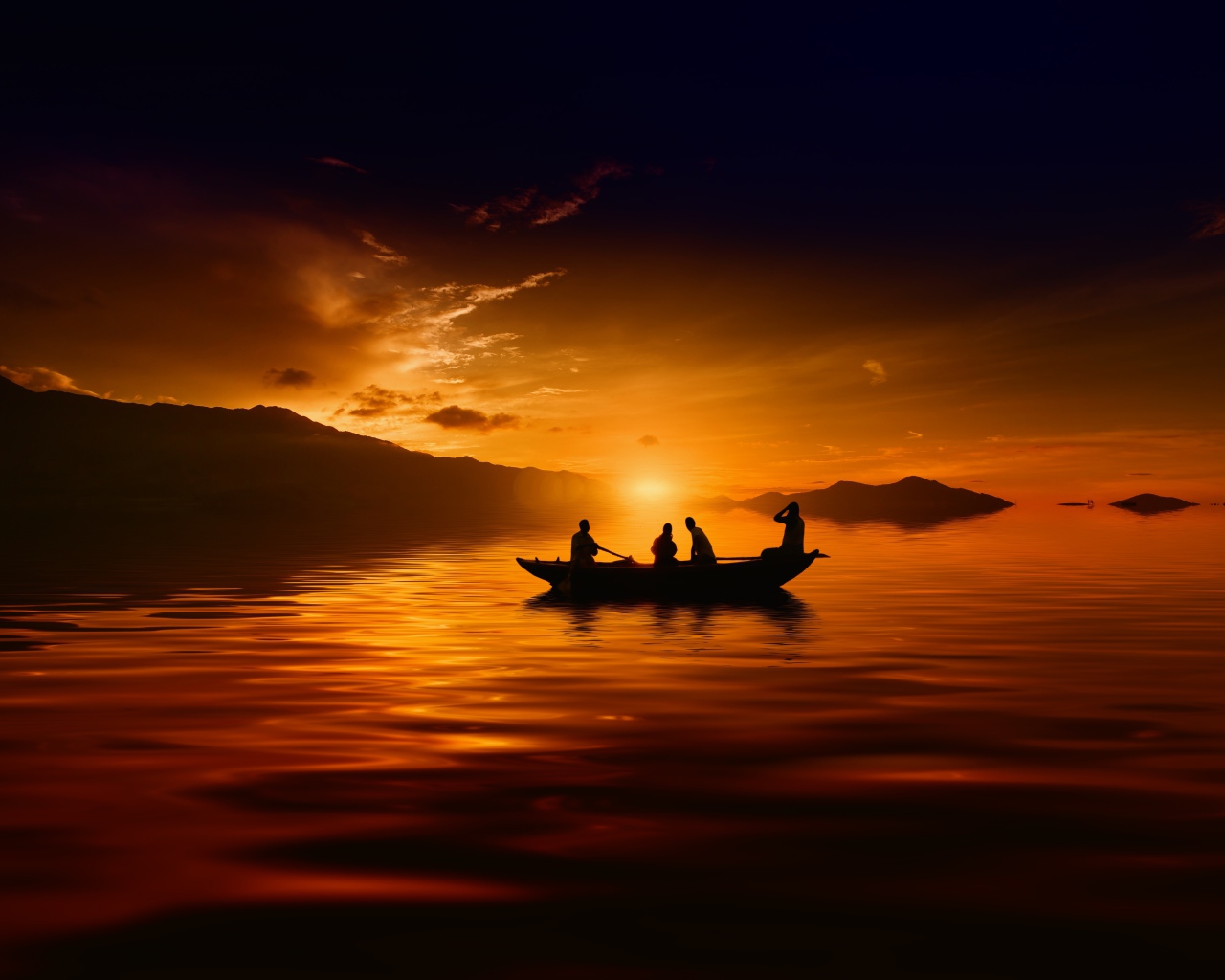 Лодка с людьми на озере на закате