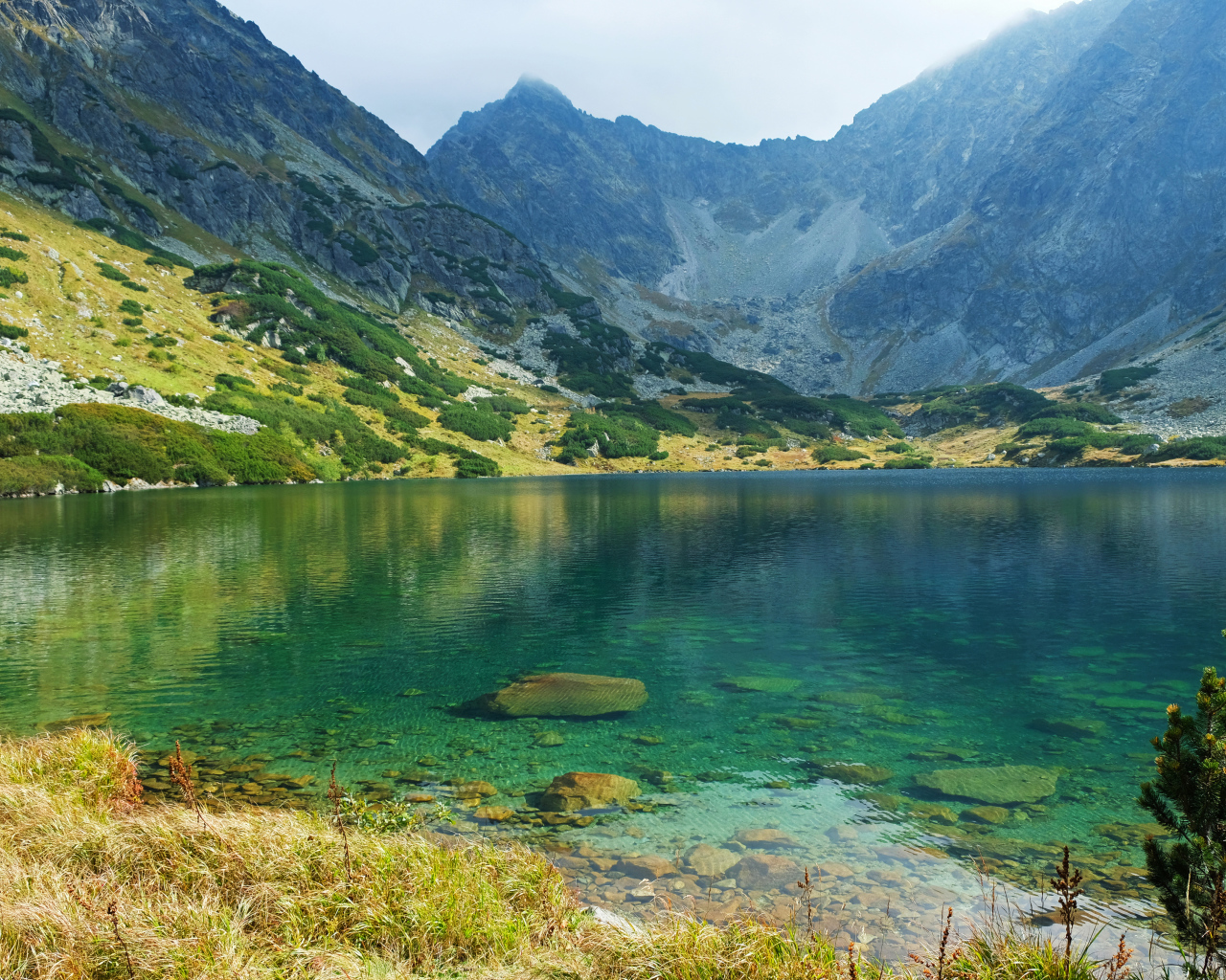 Озеро с чистой водой у подножия высоких гор