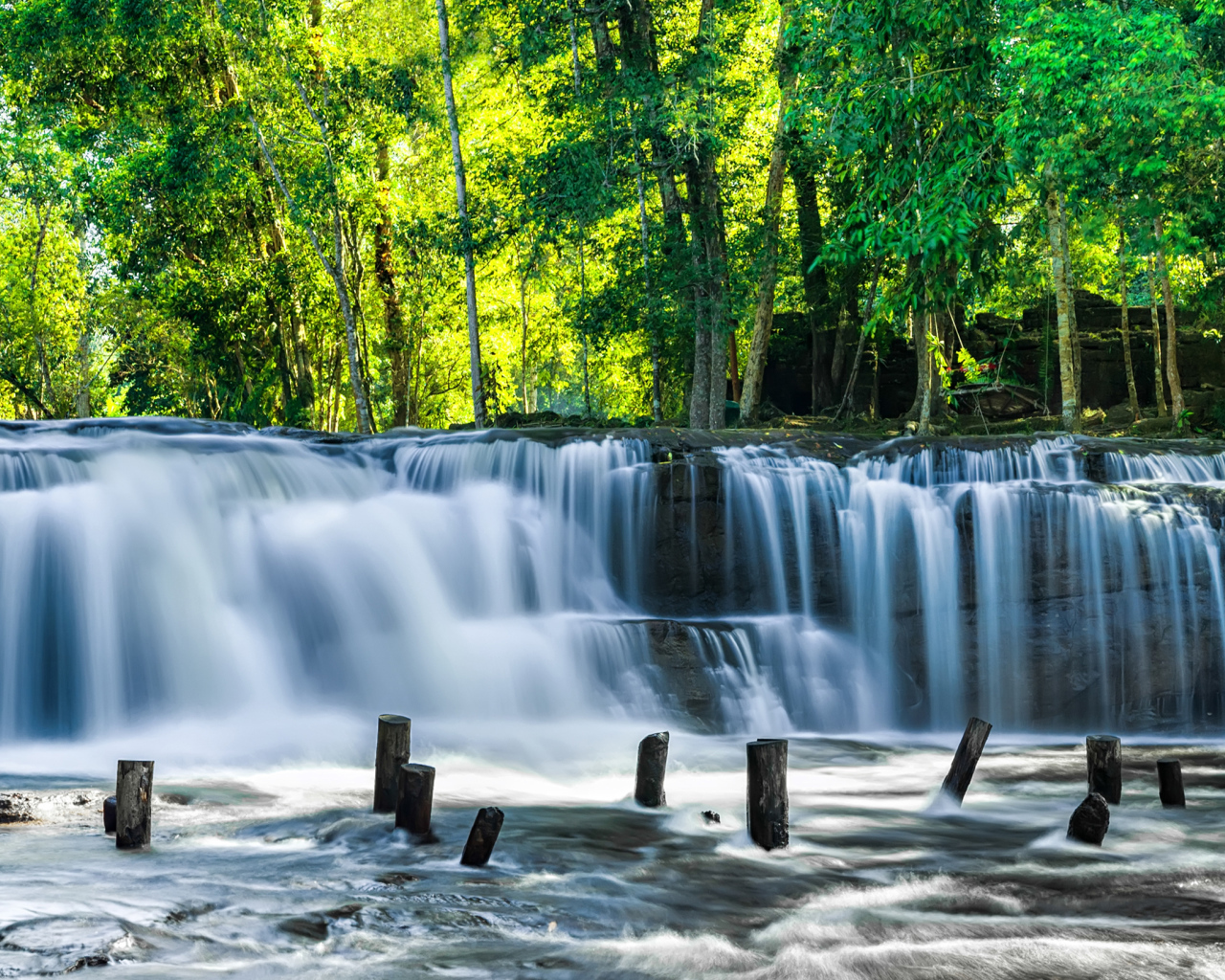 Водопад стекает с камней у зеленых деревьев
