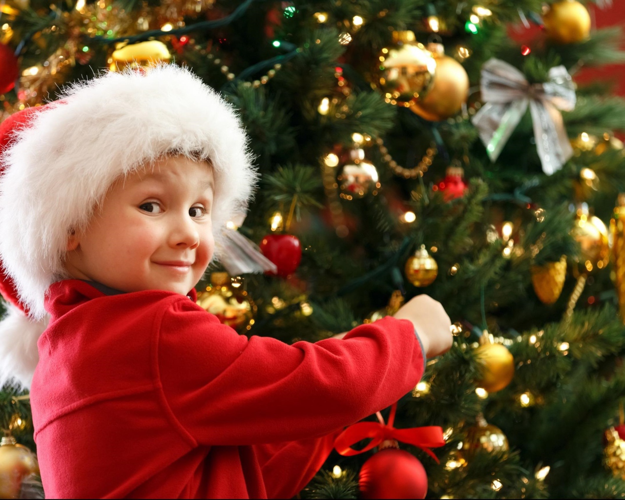 Мальчик в шапке Санта Клауса наряжает елку
