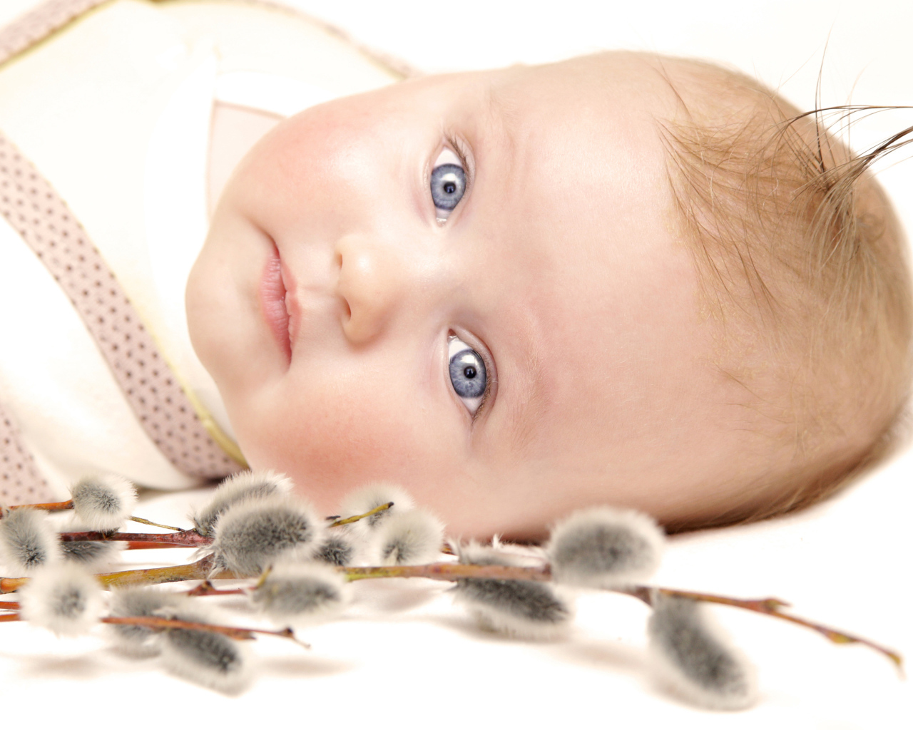 Маленький голубоглазый ребенок с веткой вербы