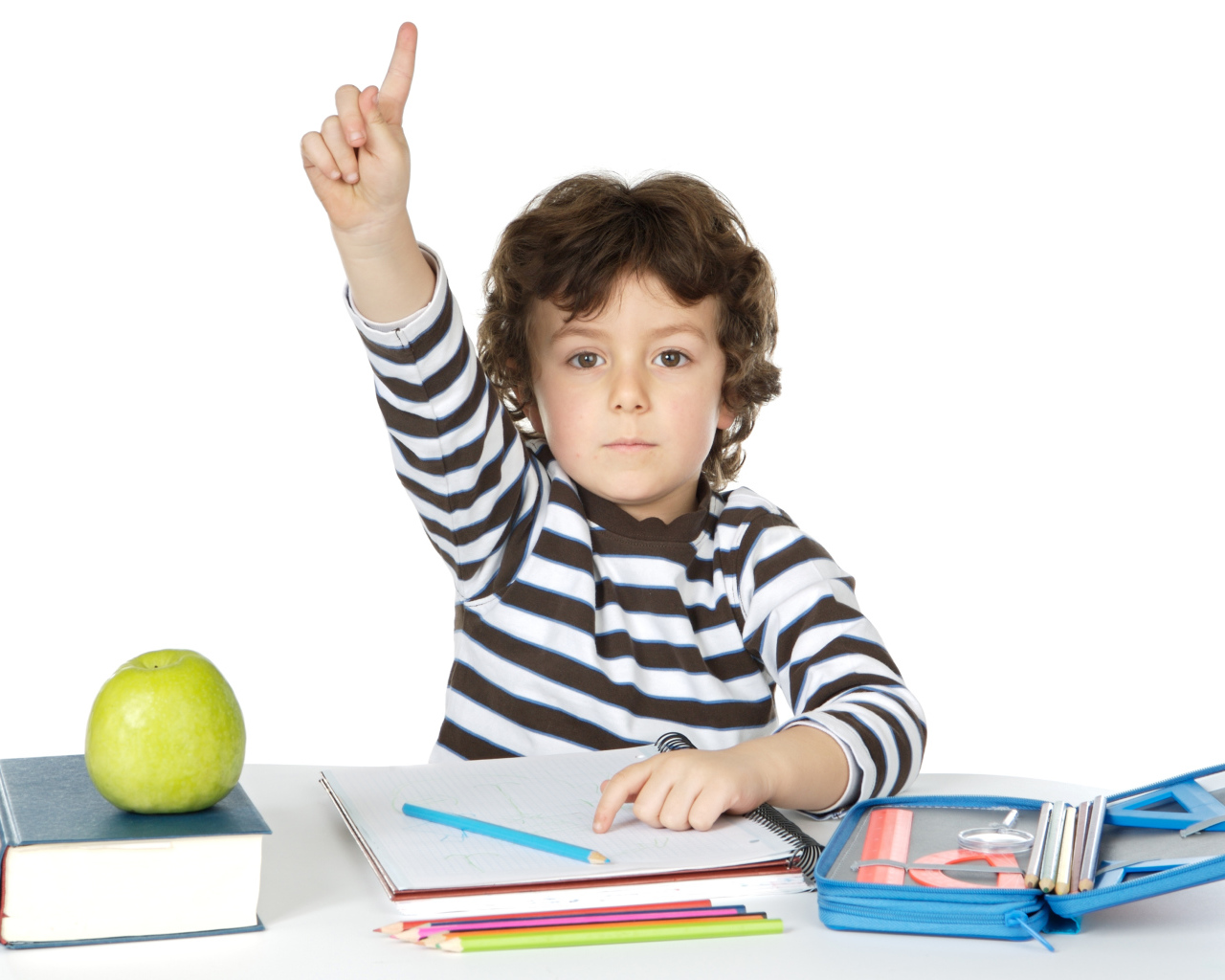 Маленький мальчик школьник отвечает на уроке 