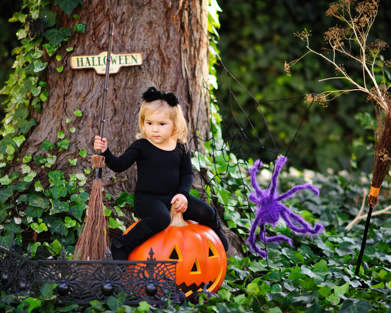 Маленькая девочка сидит на тыкве в лесу в костюме на Хэллоуин 