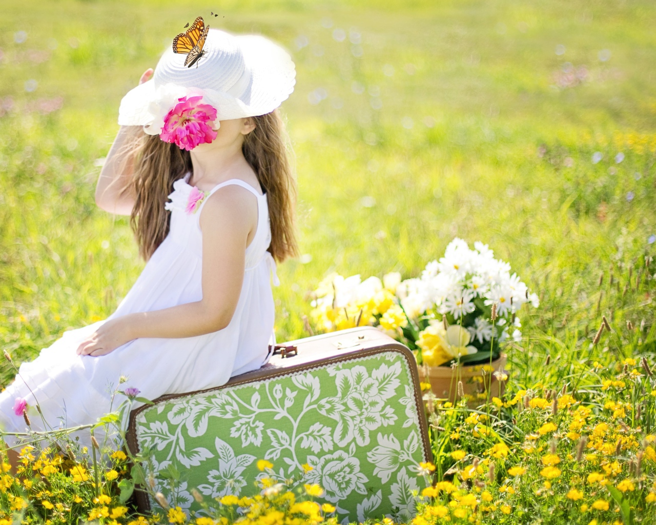 Маленькая девочка сидит на чемодане на поле с цветами