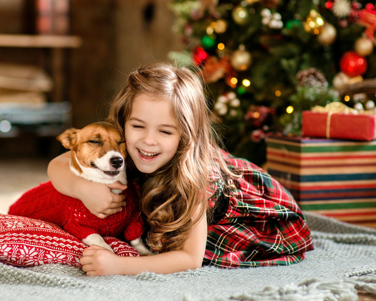Веселая девочка с собакой у елки 