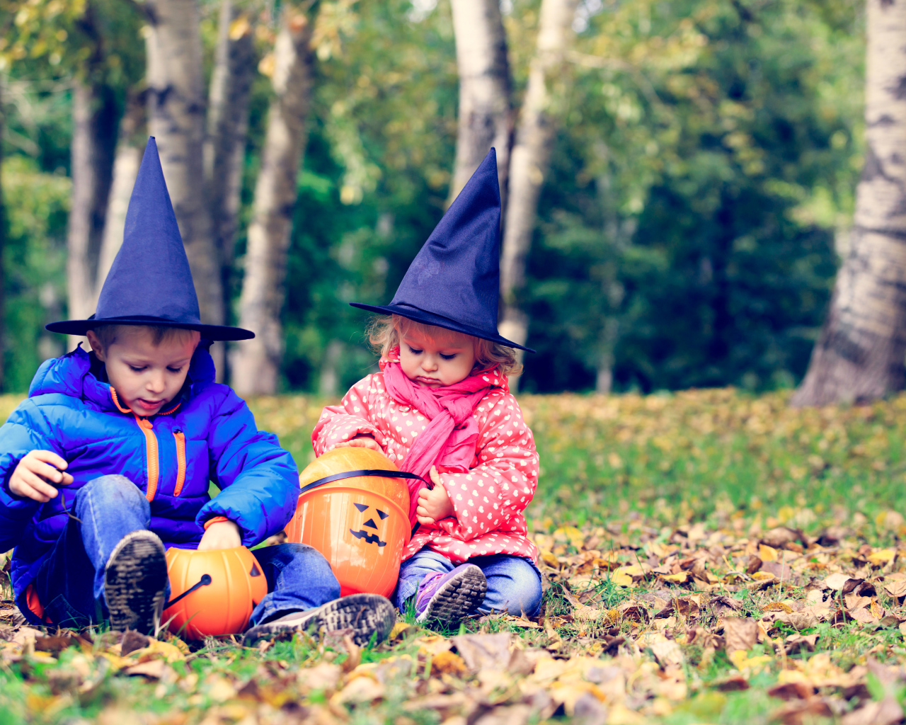 Маленькие мальчик и девочка в лесу на Хэллоуин 