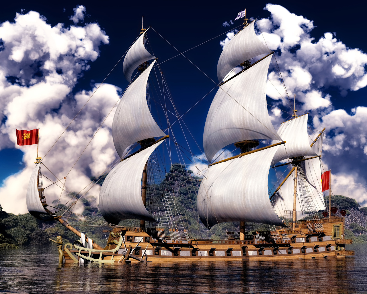 Красивое парусное судно на фоне белых облаков