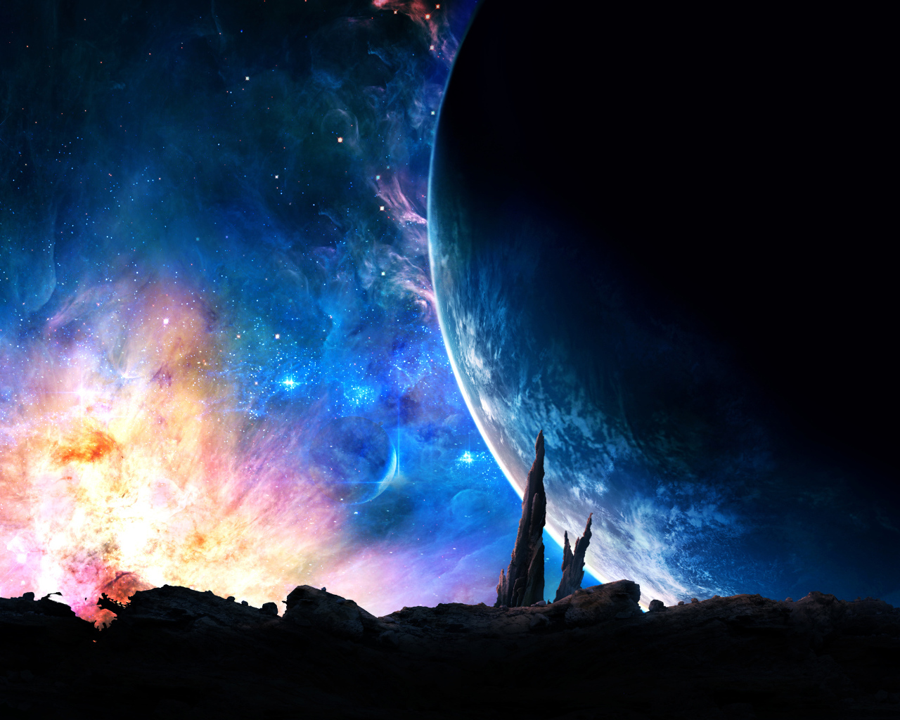 Большая планета на фоне звездной галактики 