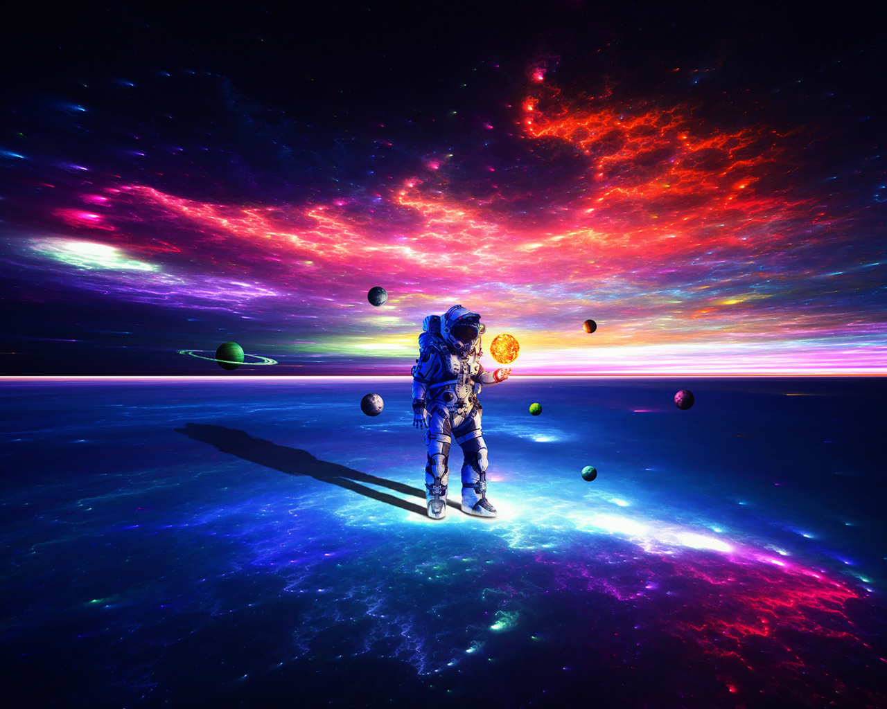 Астронавт на поверхности земли с планетами