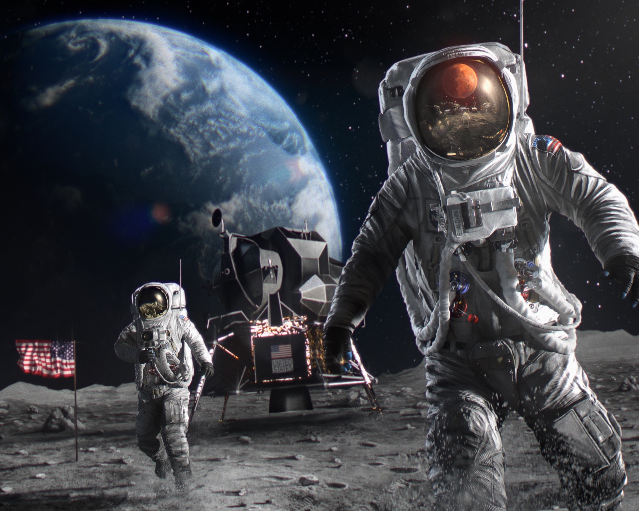 Астронавты ходят по поверхности Марса 