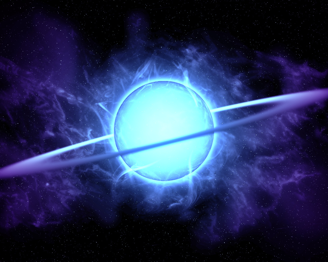 Голубая неоновая планета с кольцом в темном небе