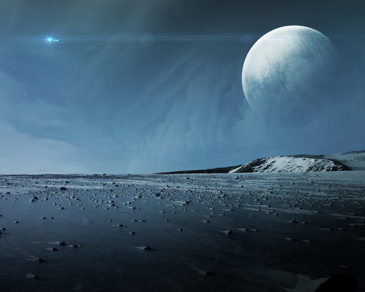 Вид на большую белую луну с поверхности планеты