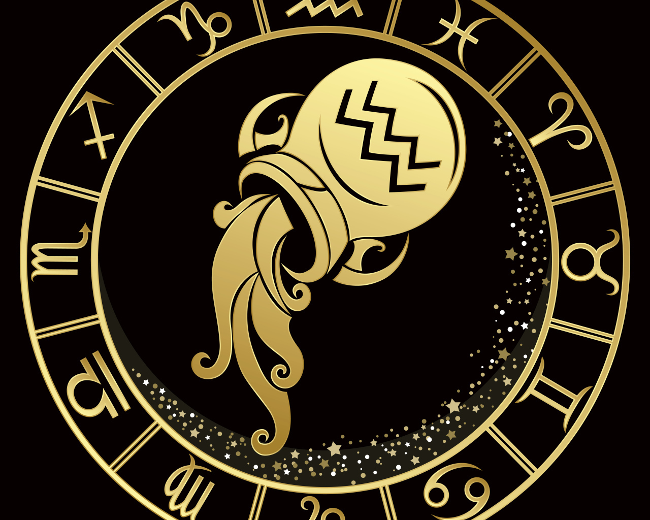 Золотой знак  зодиака водолей на черном фоне