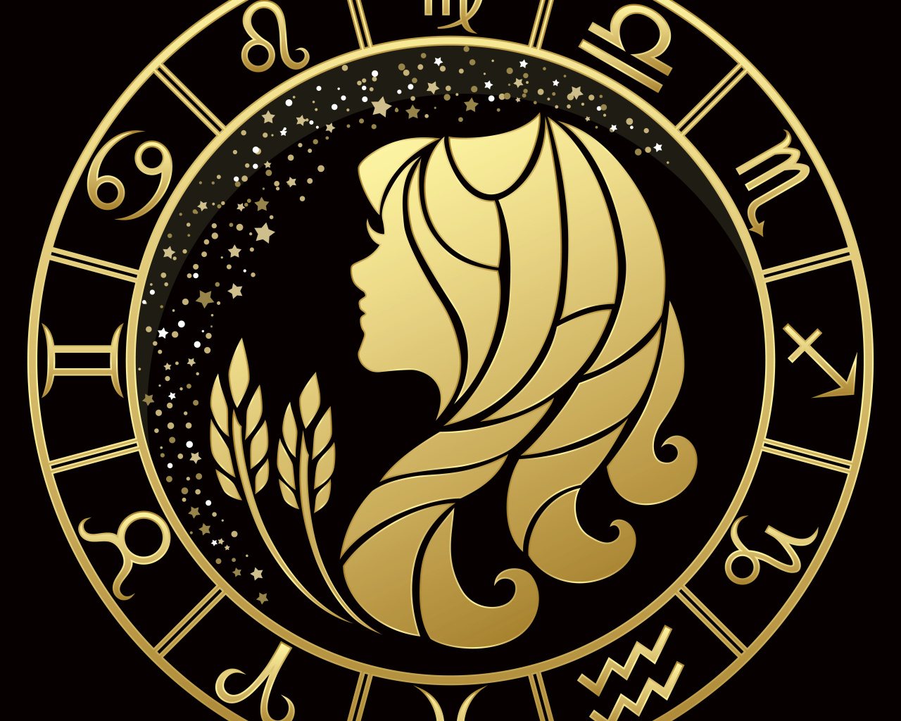 Золотой знак  зодиака дева на черном фоне