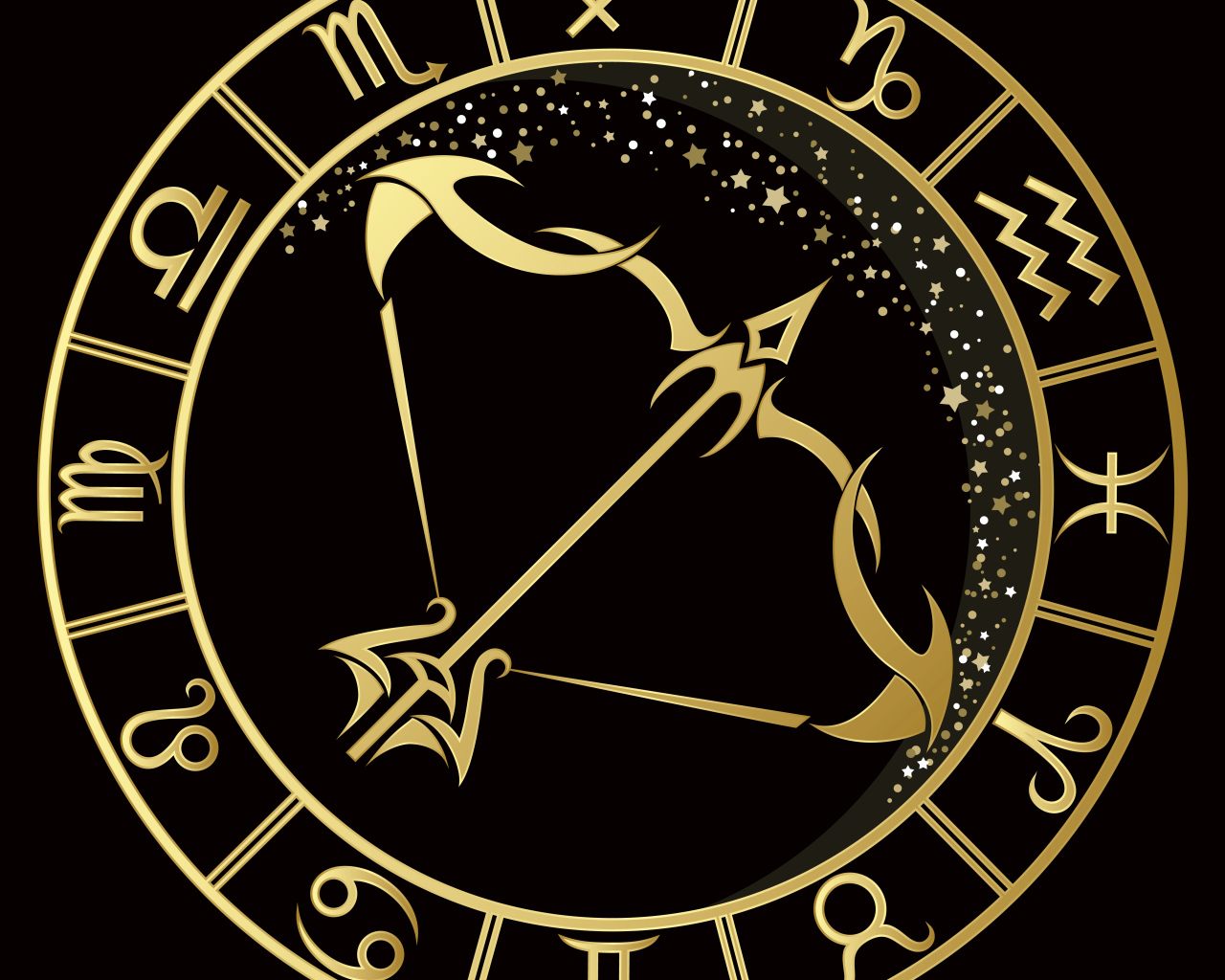 Золотой знак зодиака стрелец на черном фоне