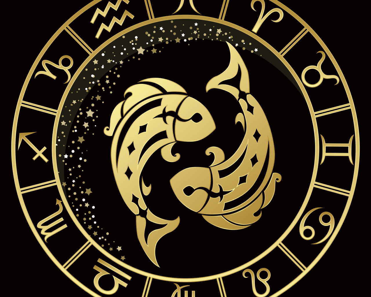 Золотой знак зодиака рыбы на черном фоне