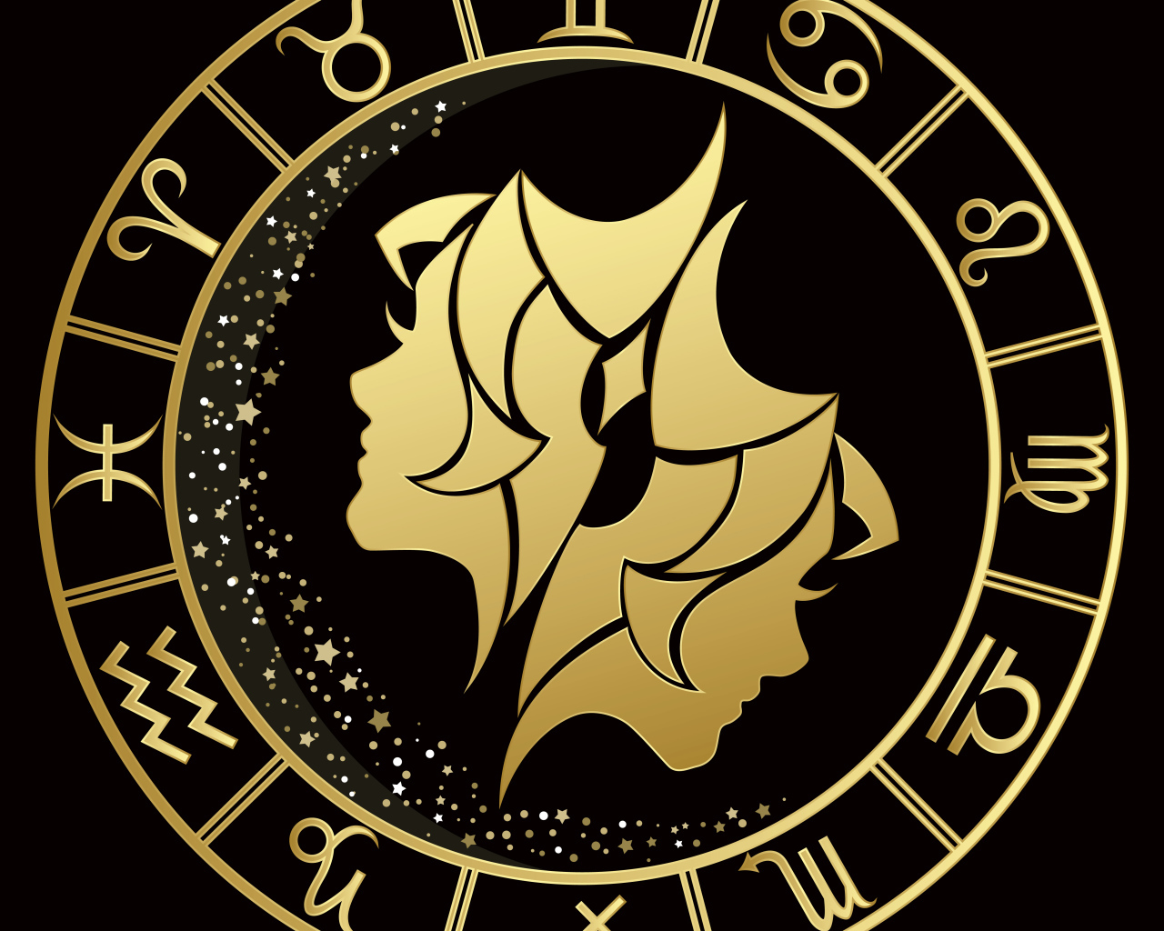 Золотой знак зодиака близнецы на черном фоне