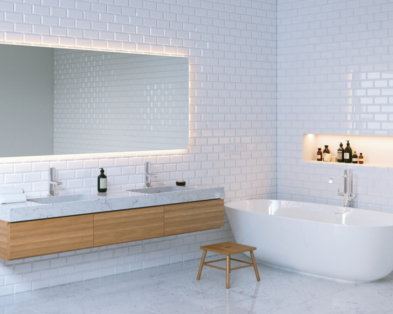 Bathroom with white walls and large mirror.