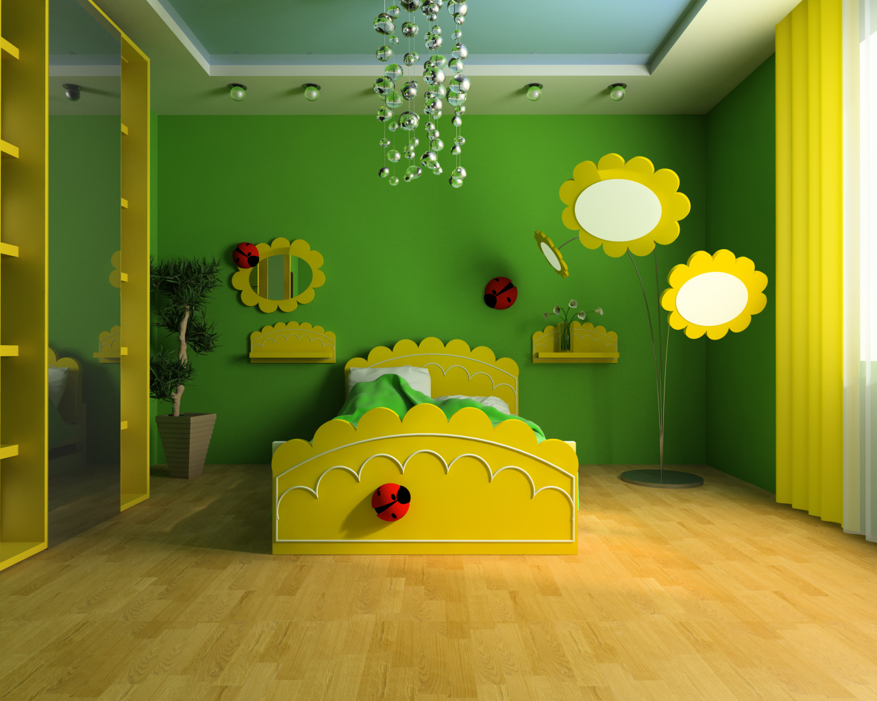 Красивая детская комната в зелено - желтом цвете интерьера