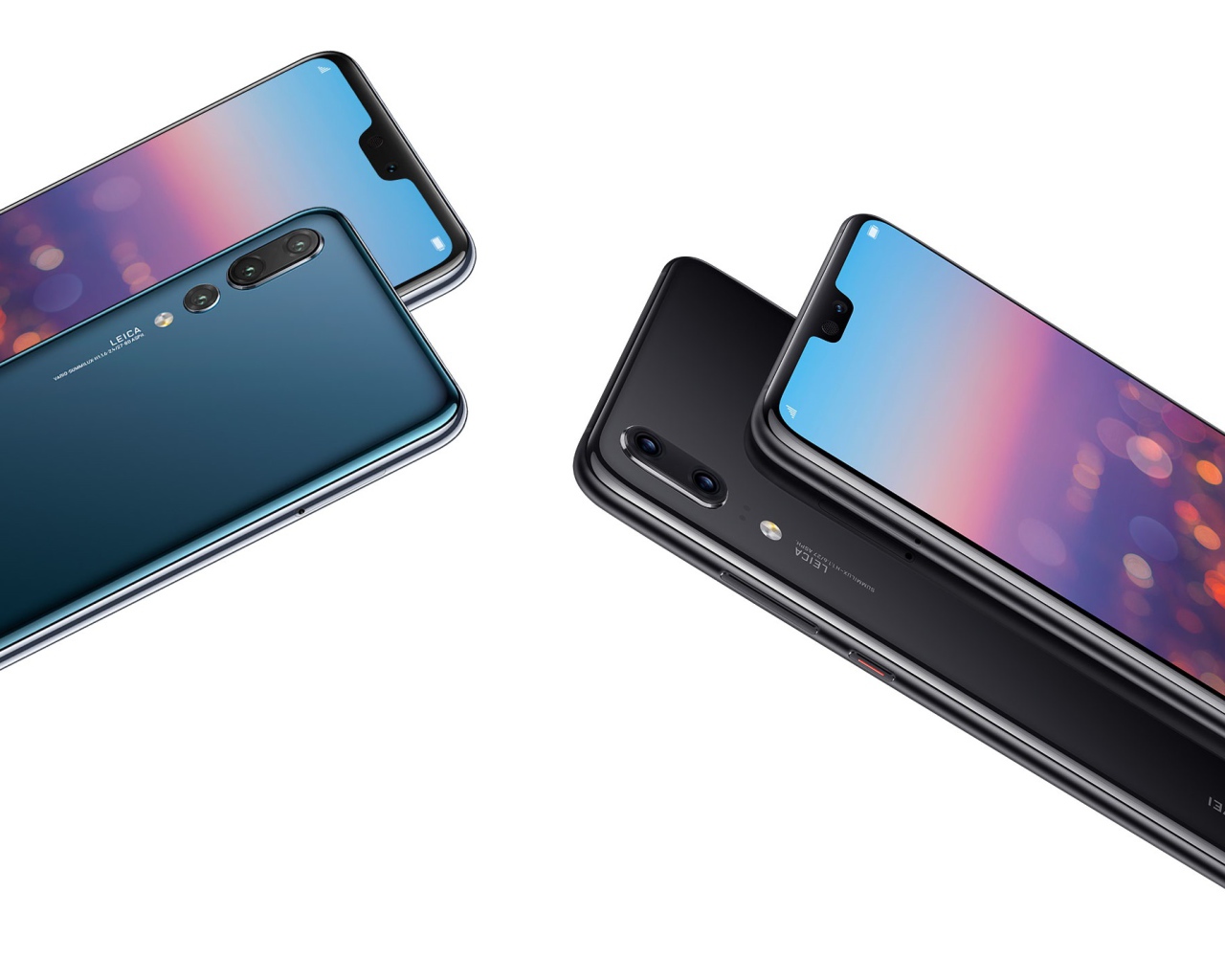 Красивые тонкие смартфоны Huawei P20 Pro на белом фоне