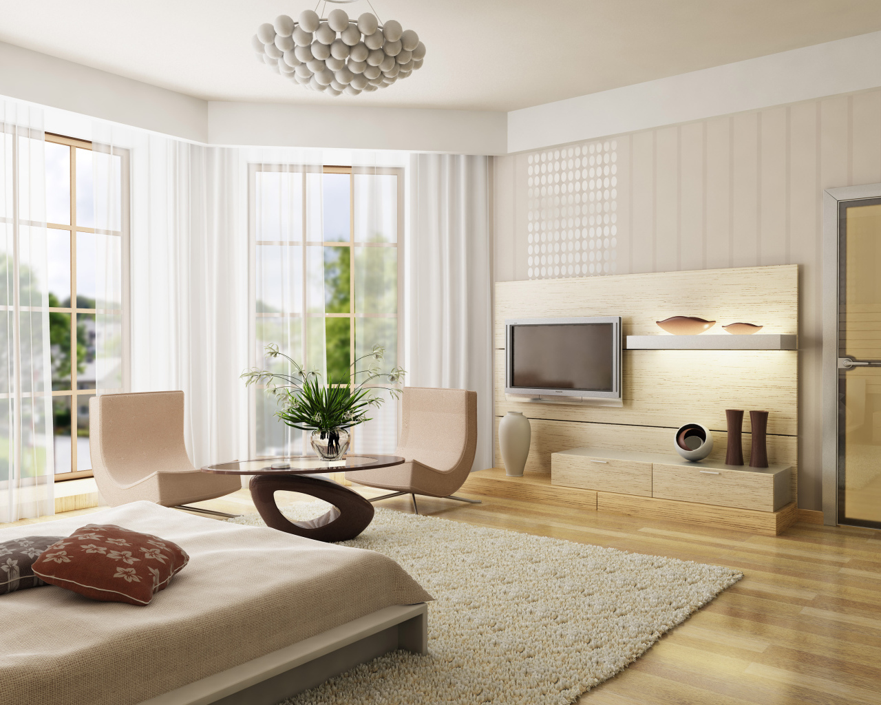 Спальня с журнальным столиком, телевизором и большими окнами