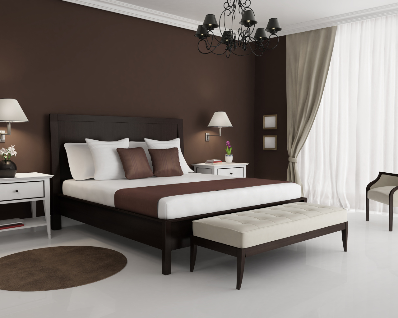 Спальня с большой кроватью в коричнево белых тонах 