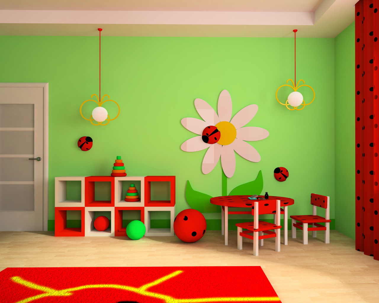 Яркая детская комната с красной мебелью и зелеными стенами