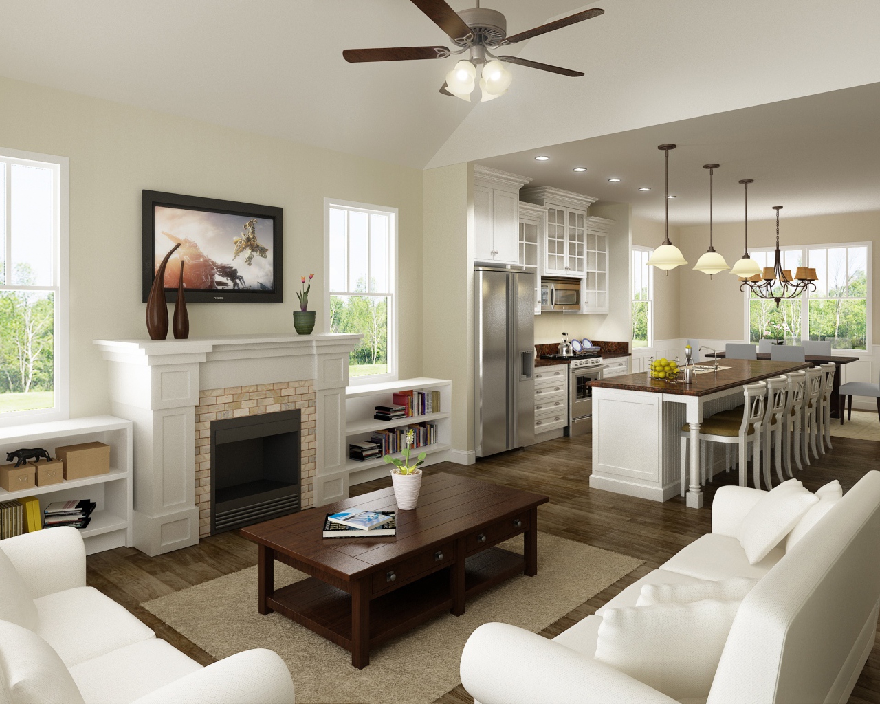 Светлая гостиная комната с кухней 