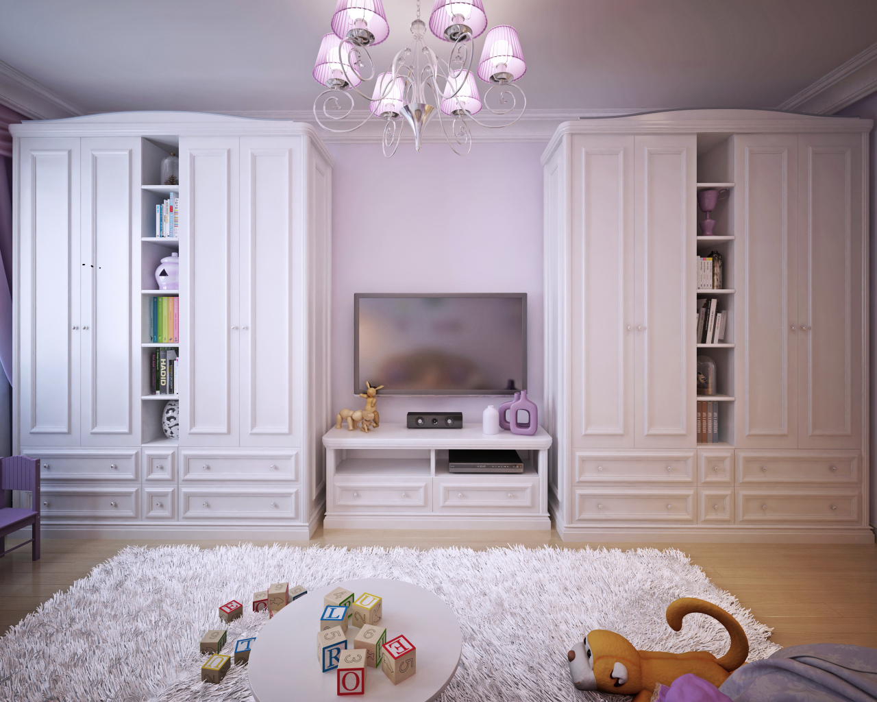 Детская комната с двумя большими белыми шкафами 