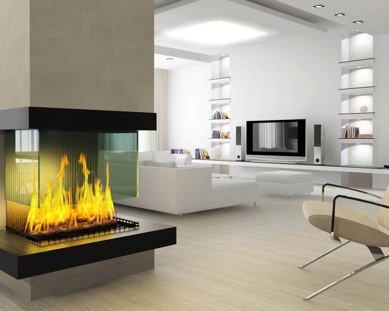 Большая светлая гостиная в стиле модерн с камином