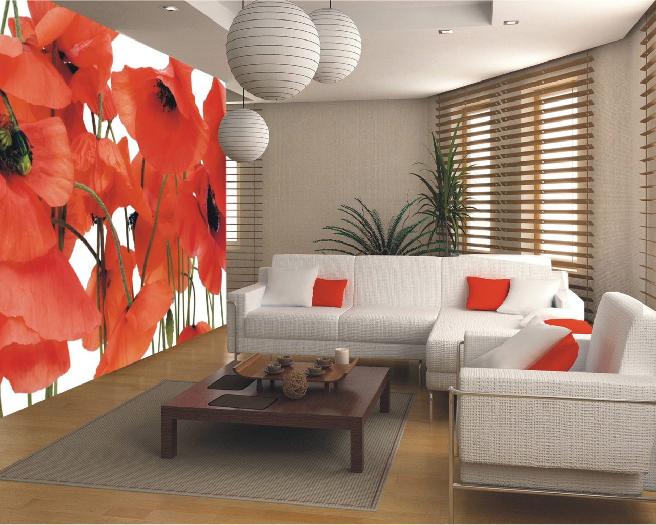 Гостиная комната с диваном и картиной с маками на стене 