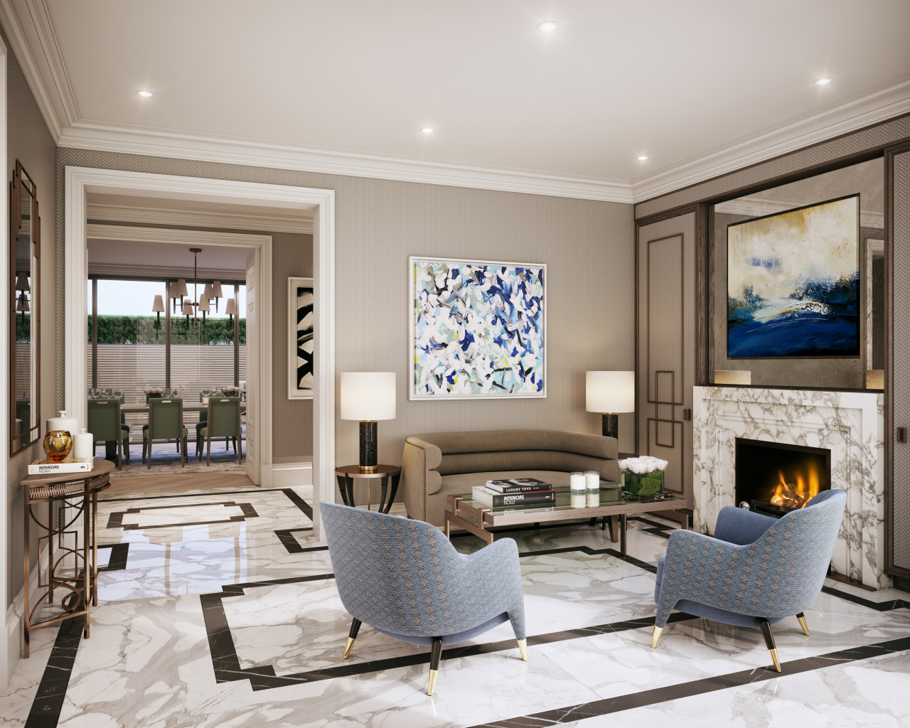 Гостиная с камином  и большой картиной на стене