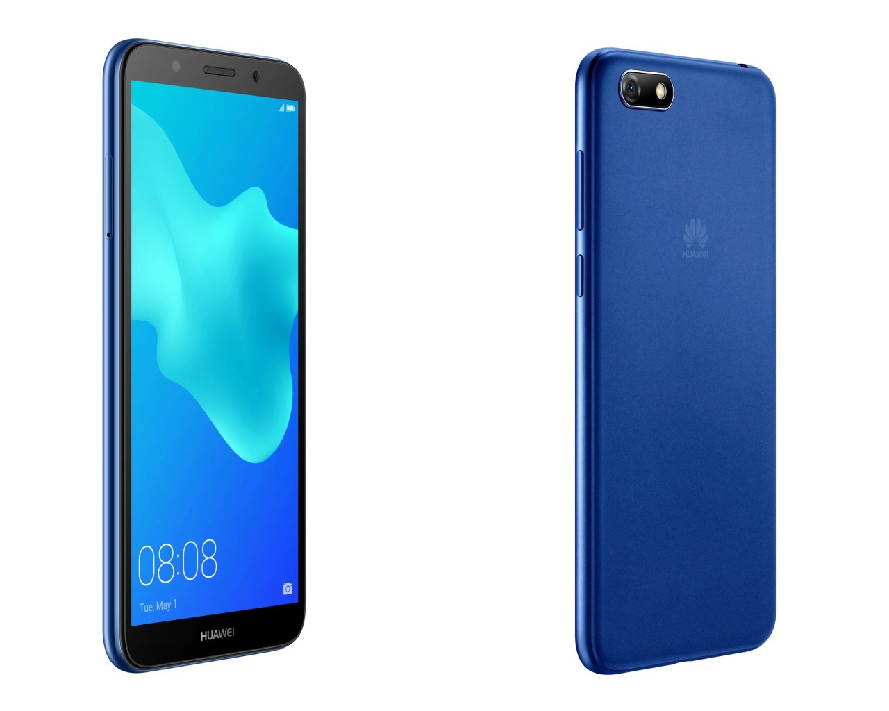 Смартфон Huawei Y5 Prime 2018 синего цвета на белом фоне
