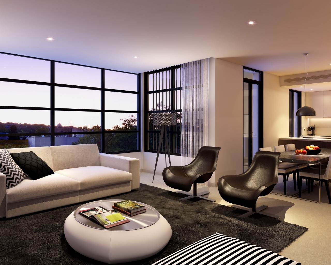 Диван, два кожаных кресла и стол в гостиной с большим окном 