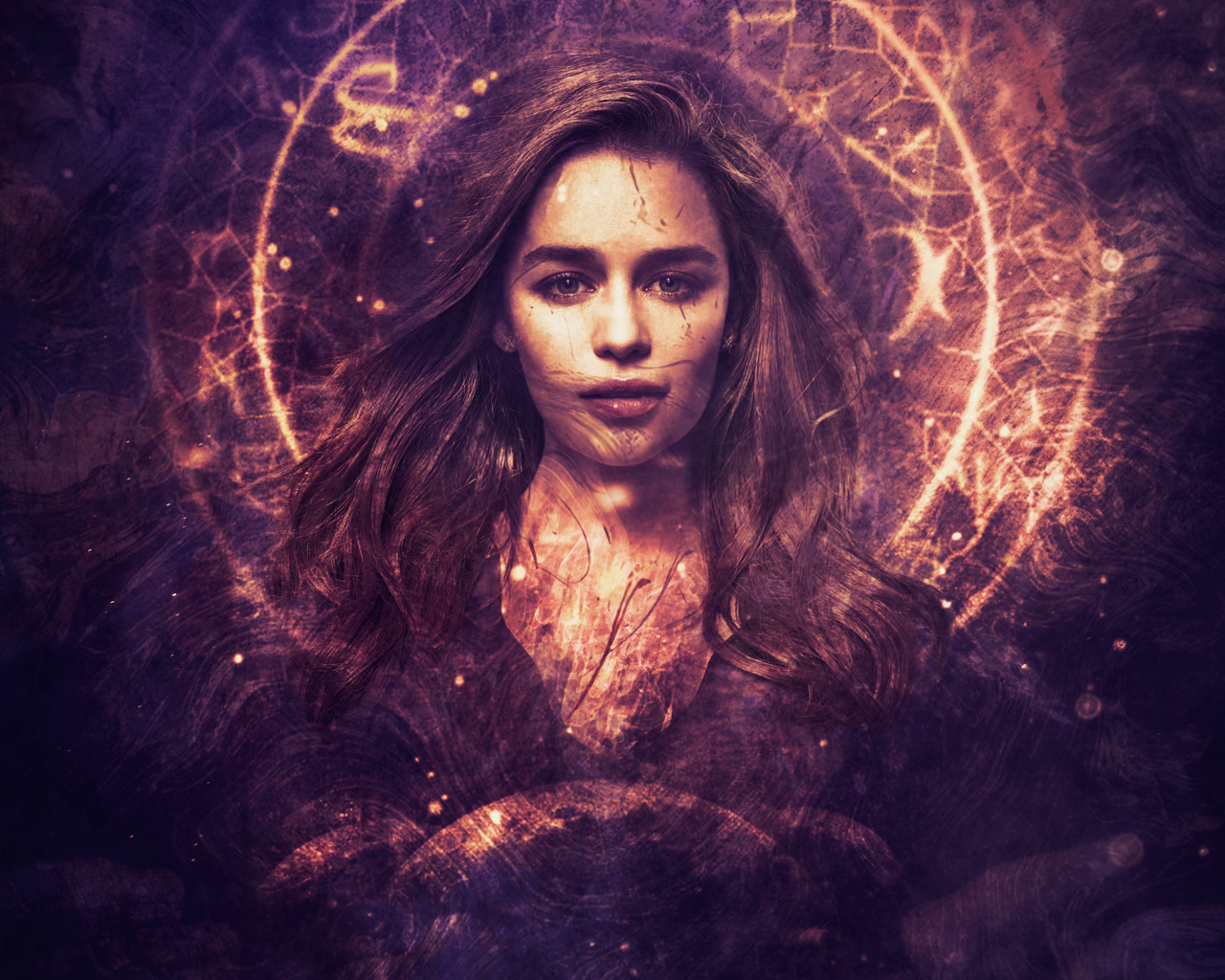 Лицо актрисы Эмилии Кларк на светящемся фоне,  фентези