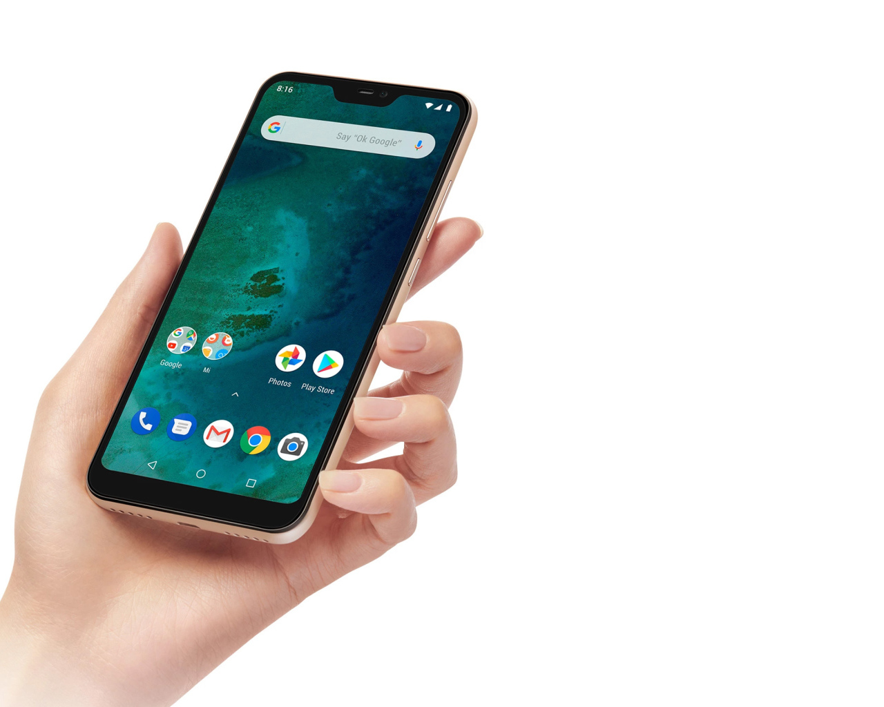 The new smartphone Xiaomi Mi A2, 2019 in hand on a white background