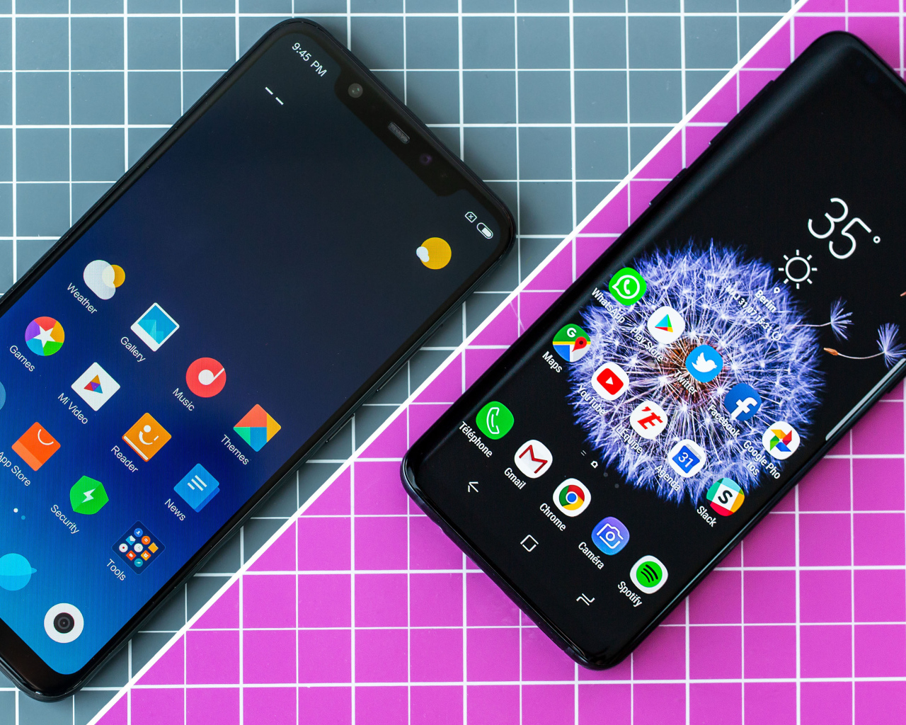 Два смартфона Xiaomi Mi 8 и Samsung Galaxy S9+