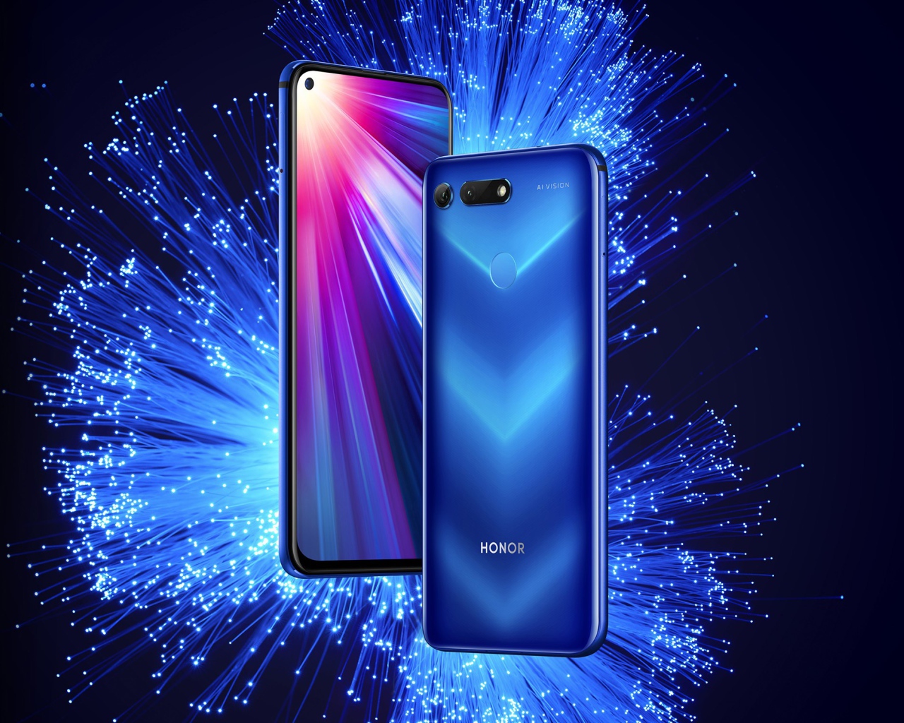 Два стильных смартфона Honor View 20 на ярком синем фоне