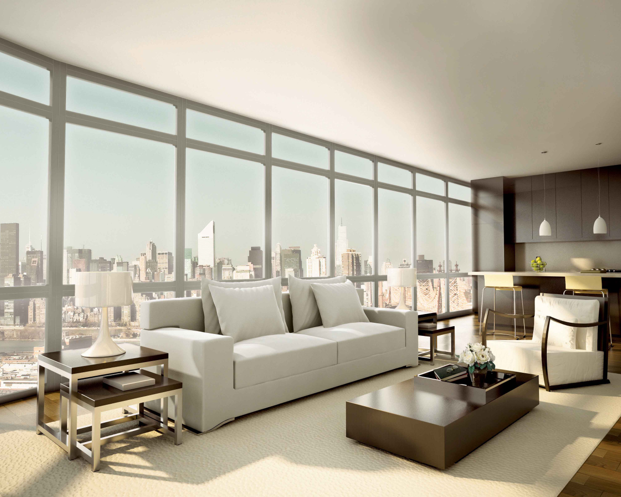 Белый диван у большого окна в гостиной комнате