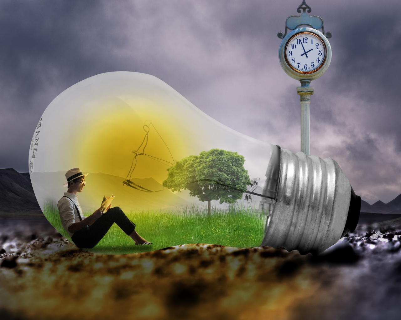 Мужчина сидит в большой фантастической лампочке у часов