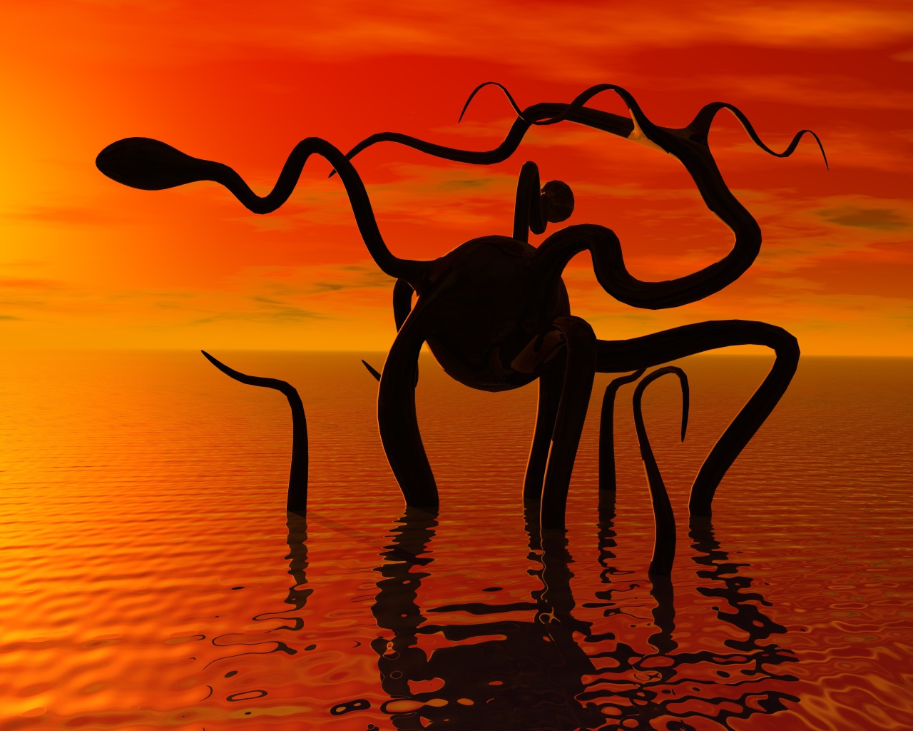 Фантастическое животное в спокойной морской воде на закате солнца