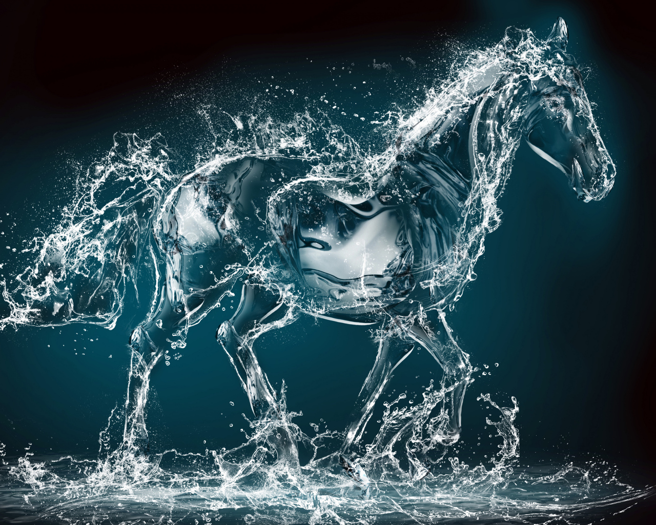 Конь из воды на черном фоне, 3д графика